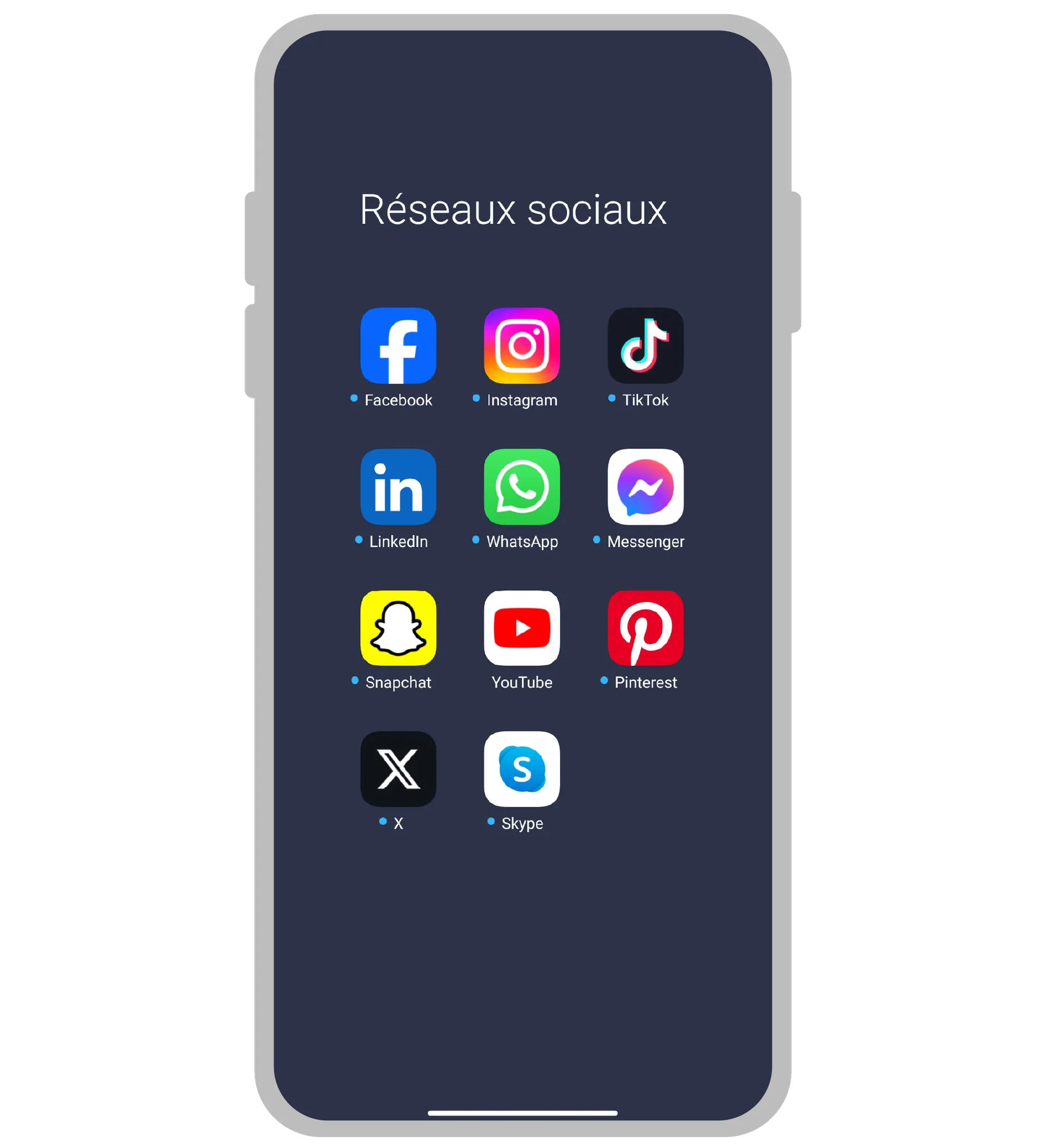 Smartphone affichant les applications des principaux réseaux sociaux
